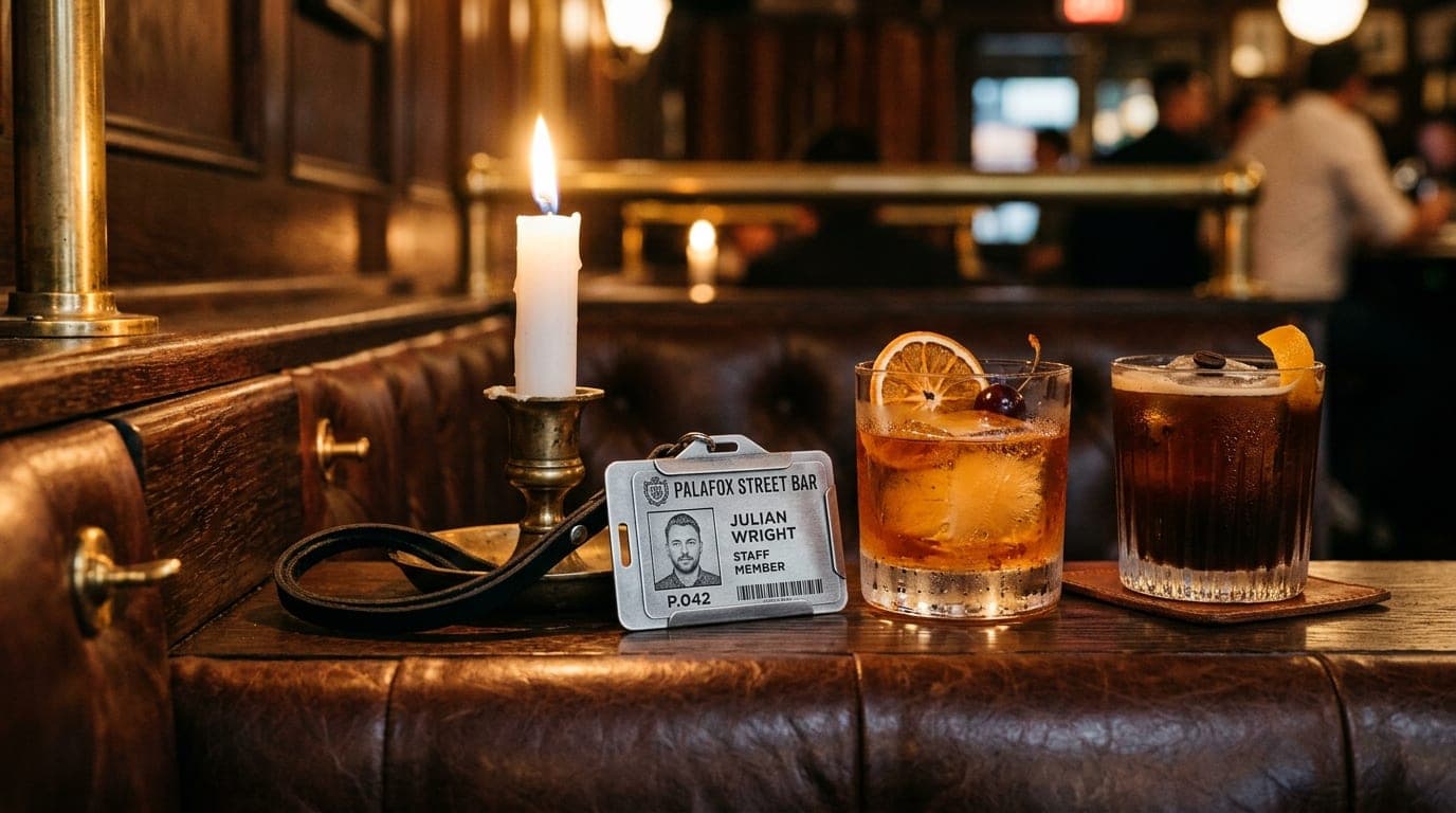 A macro shot of a polished leather booth at a Palafox Street bar. A silver ID badge next to an unlit candle and two high-e...