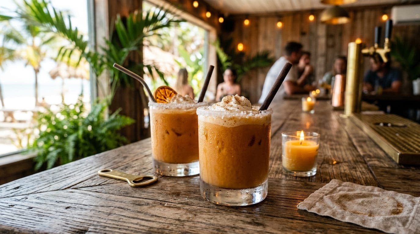 A selective focus close-up captures two bright orange Bushwackers on a weathered wooden table at a beach bar. Natural noon...
