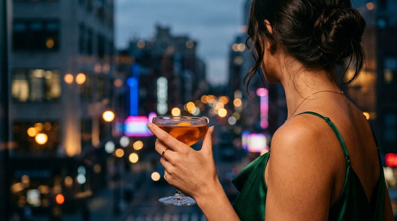 Over-the-shoulder 100mm macro shot of a woman in a silk slip dress holding an amber cocktail at The Kennedy. Behind her, b...