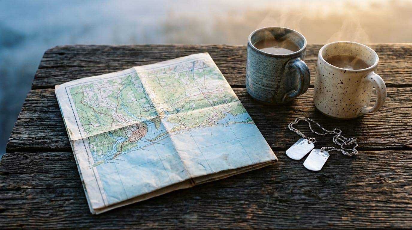 Overhead flat-lay on a weathered wooden cafe table. A folded paper map of the Pensacola coast sits beside two steaming cer...