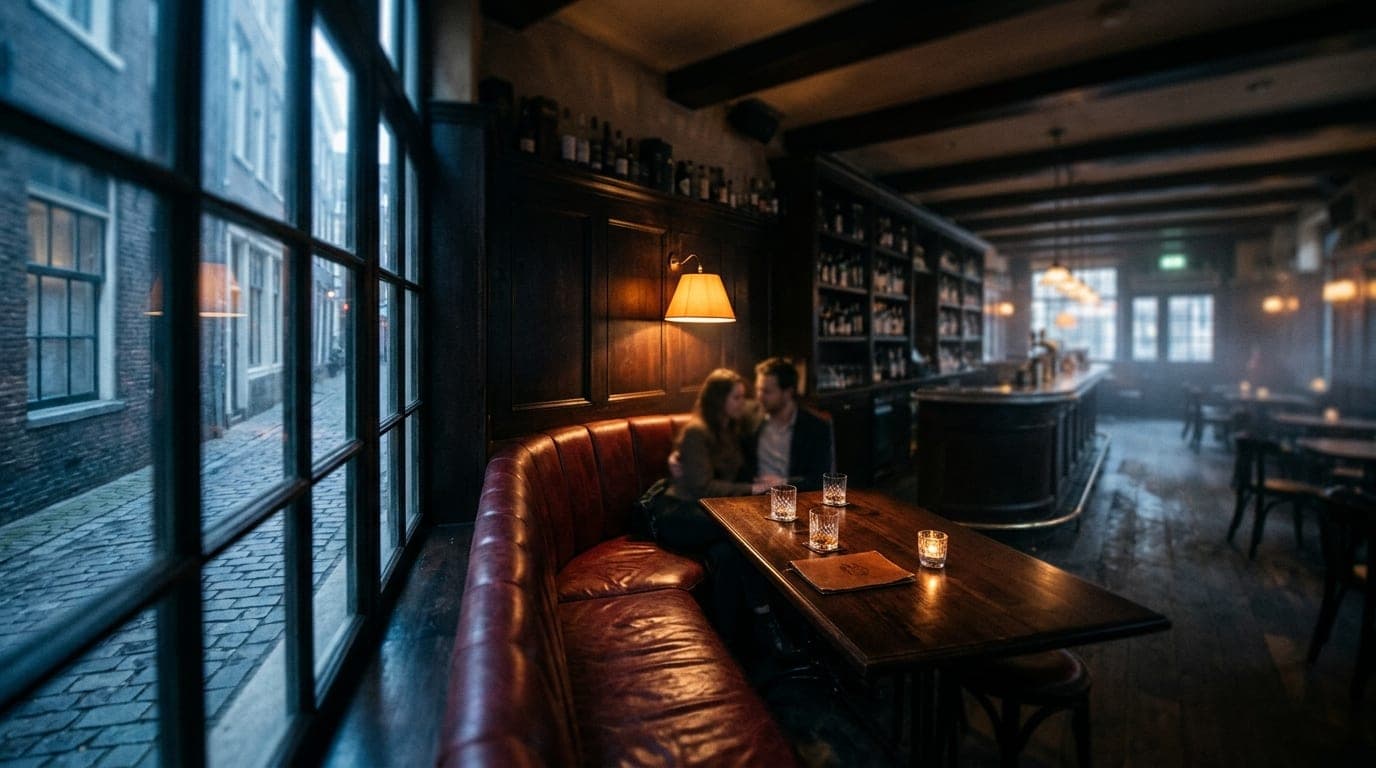 Wide establishing shot, tilt-shift selective focus on a deep, red-leather corner booth inside a dimly lit whiskey bar. War...