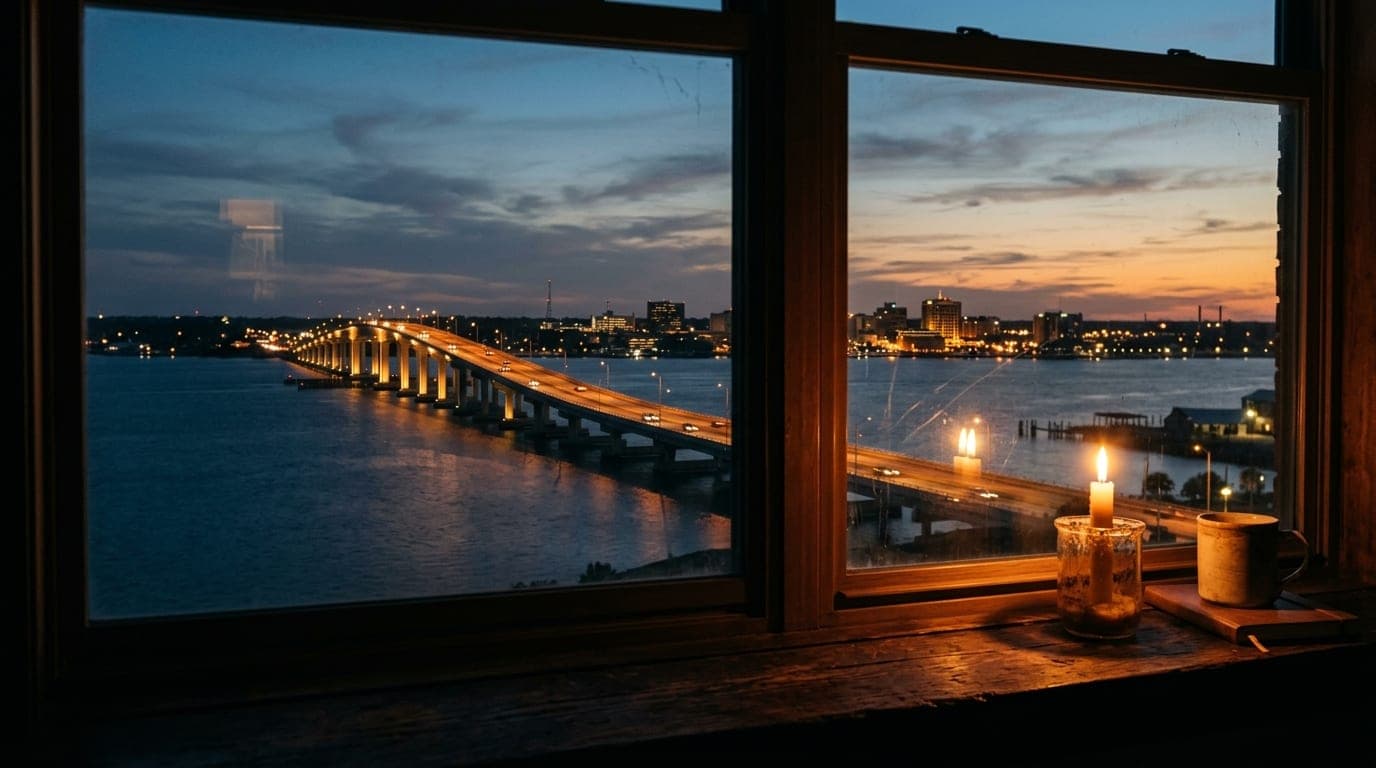 An 85mm medium shot of the Pensacola Bay Bridge glows under a soft twilight sky, offset to the left, framed through a warm...