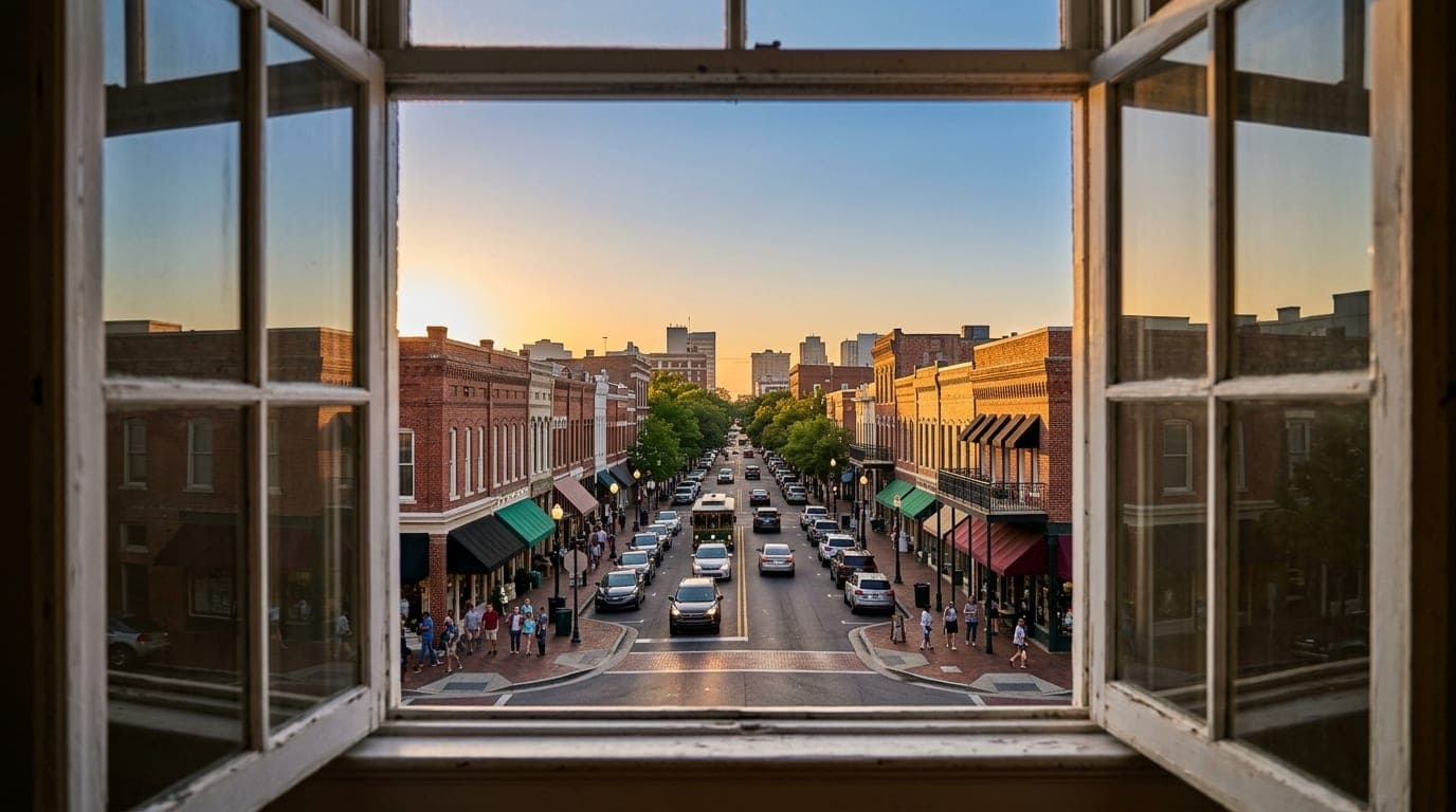 A symmetric 24mm wide-angle shot through a sun-drenched window reveals the bustling Palafox Street intersection at high no...