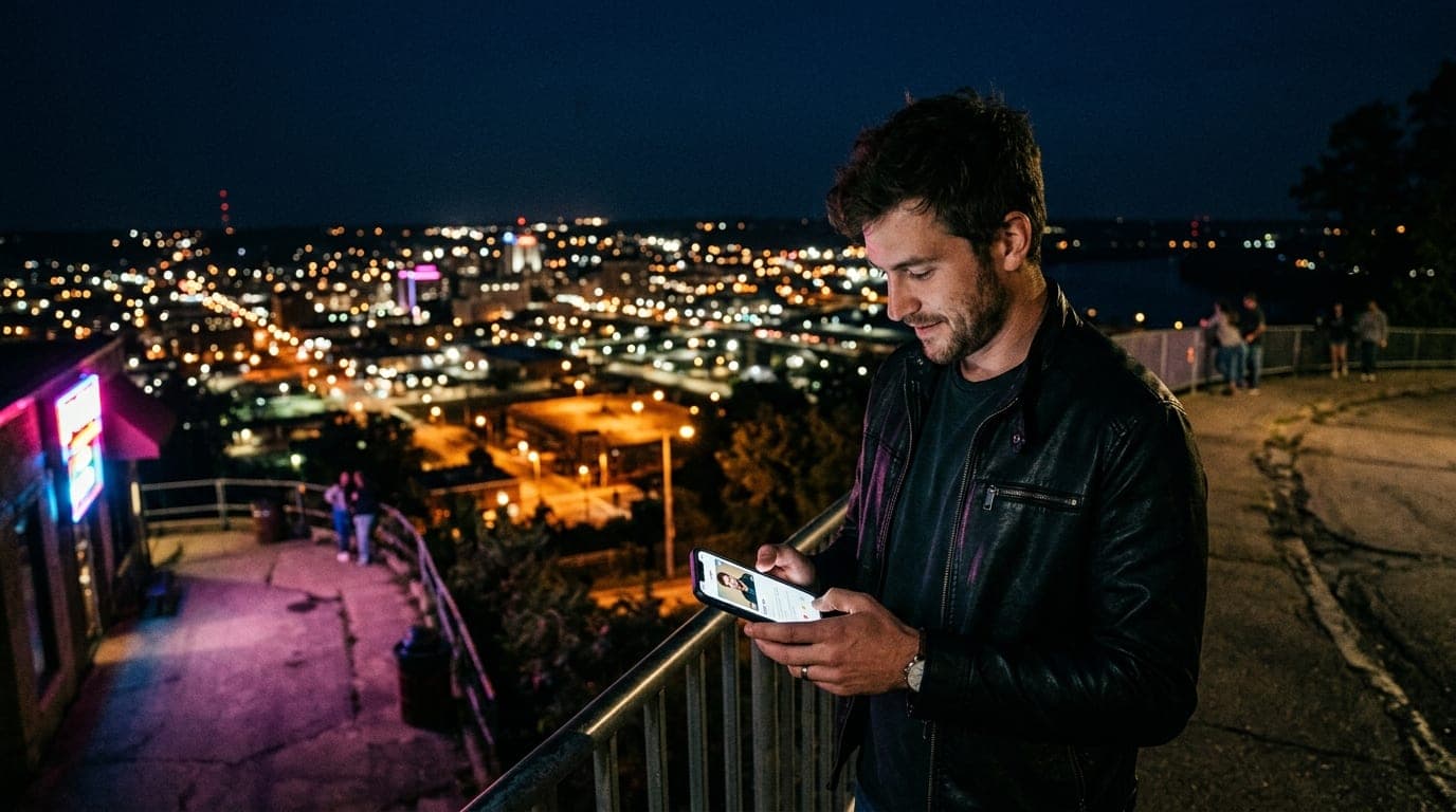 A low-angle 35mm shot captures a man in a black leather jacket checking his verified dating profile on a smartphone at a d...