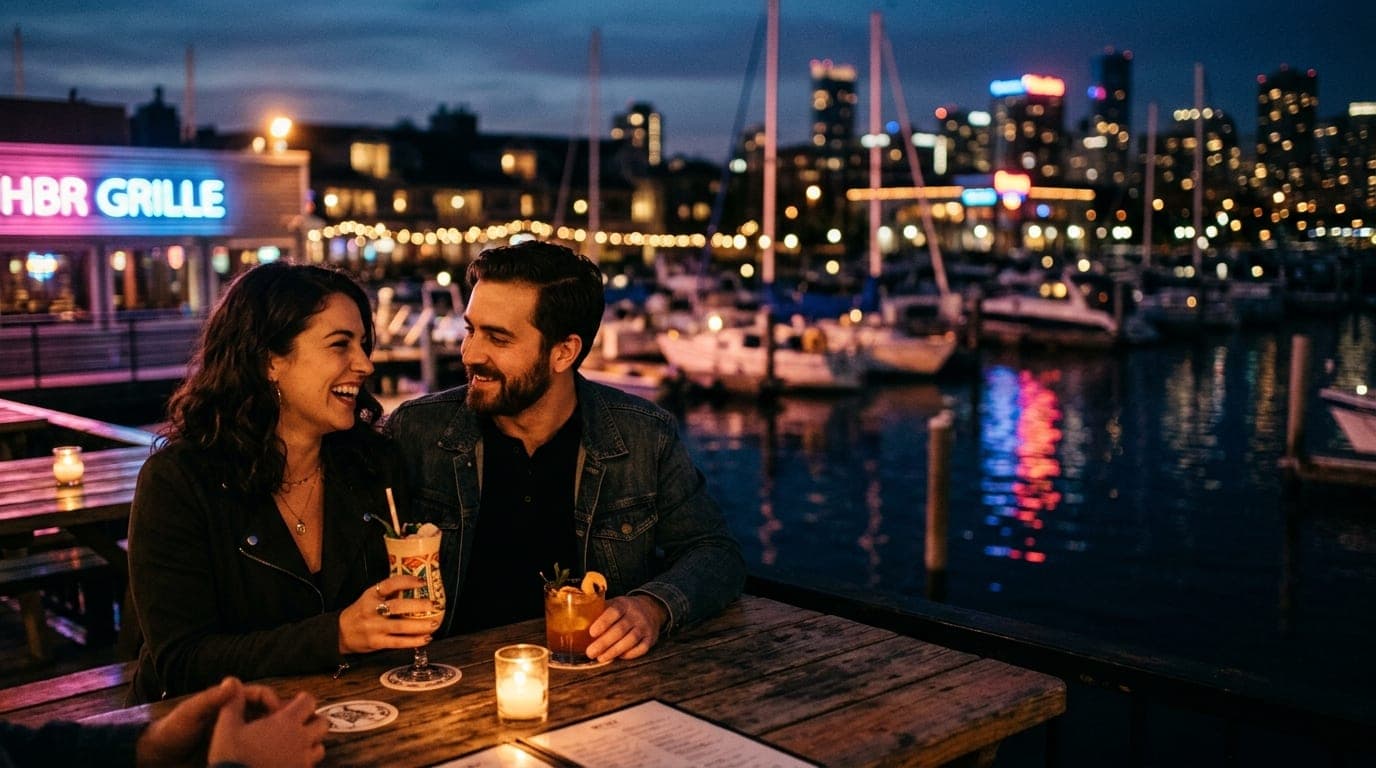 An 85mm portrait shot, rule-of-thirds left-offset, captures a couple sharing a cocktail at a dimly lit lakeside table, Ple...