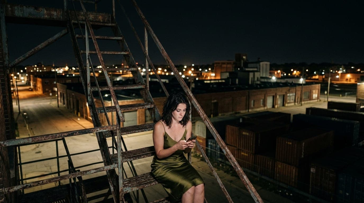 A woman in a silk slip dress sits on a rusted iron fire escape overlooking a dark industrial warehouse district in Peoria,...