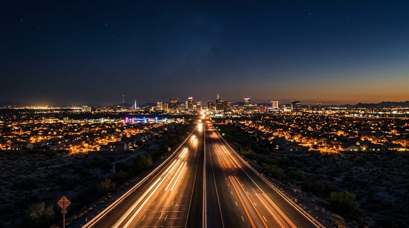 A low-angle, centered, 24mm wide-angle shot of the illuminated Peoria city skyline at midnight. Neon suburban lights stret...
