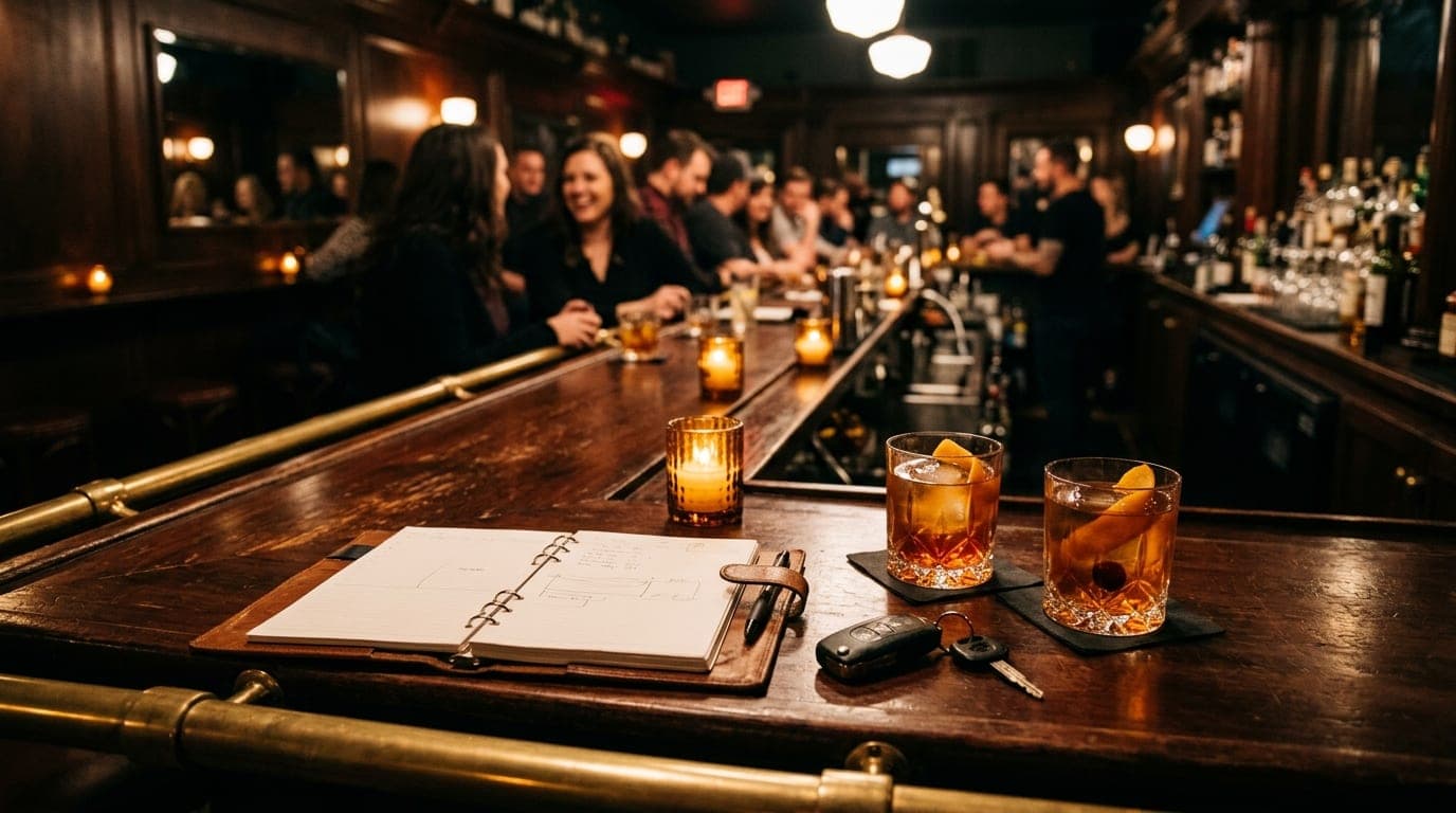 A wide, eye-level shot inside a dim Peoria lounge at 8:00 PM. A leather-bound planner sits open on the bar next to a singl...