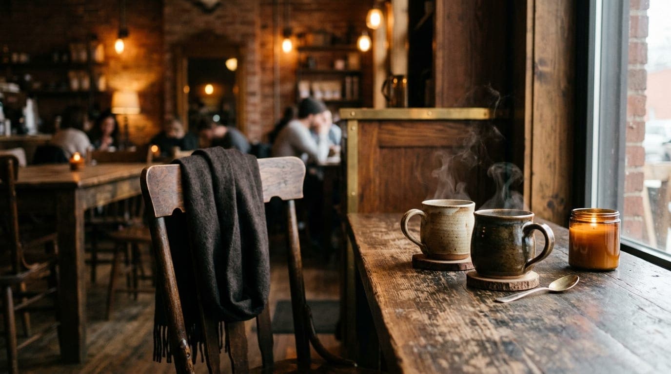 A medium shot captures two steaming ceramic mugs on a rustic wooden table at Driftwood Coffee Co. A single wool scarf is d...