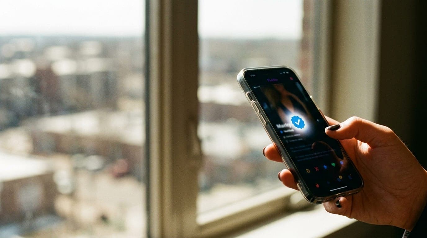 A close-up 35mm shot, framed on the right, shows a hand holding a glowing smartphone screen displaying a verified profile...