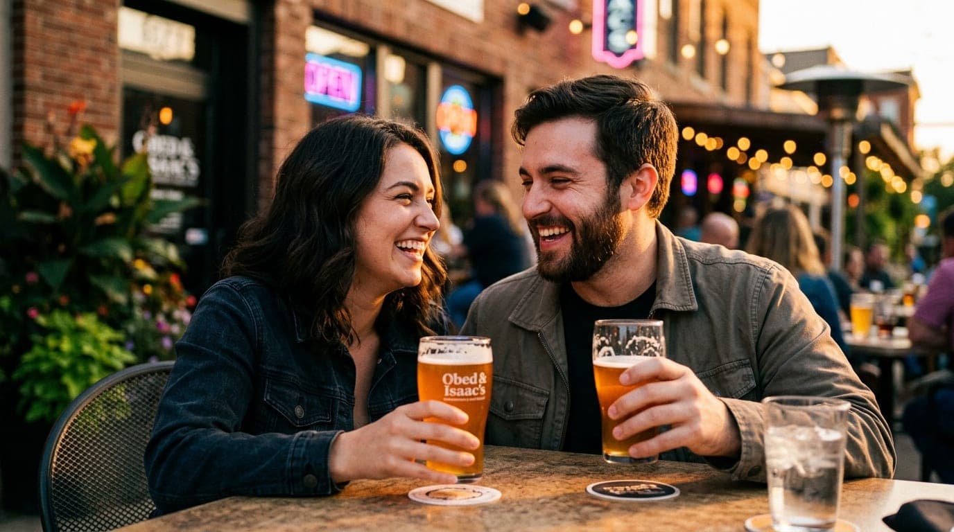 An 85mm portrait captures a couple laughing over glasses at an Obed & Isaac’s patio table. Golden hour sunlight hits their...