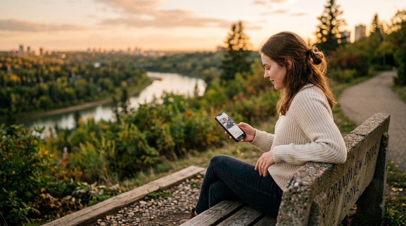A woman in a cream sweater sits on a Grandview Drive stone bench at golden hour, holding a smartphone showing a Hinge prof...