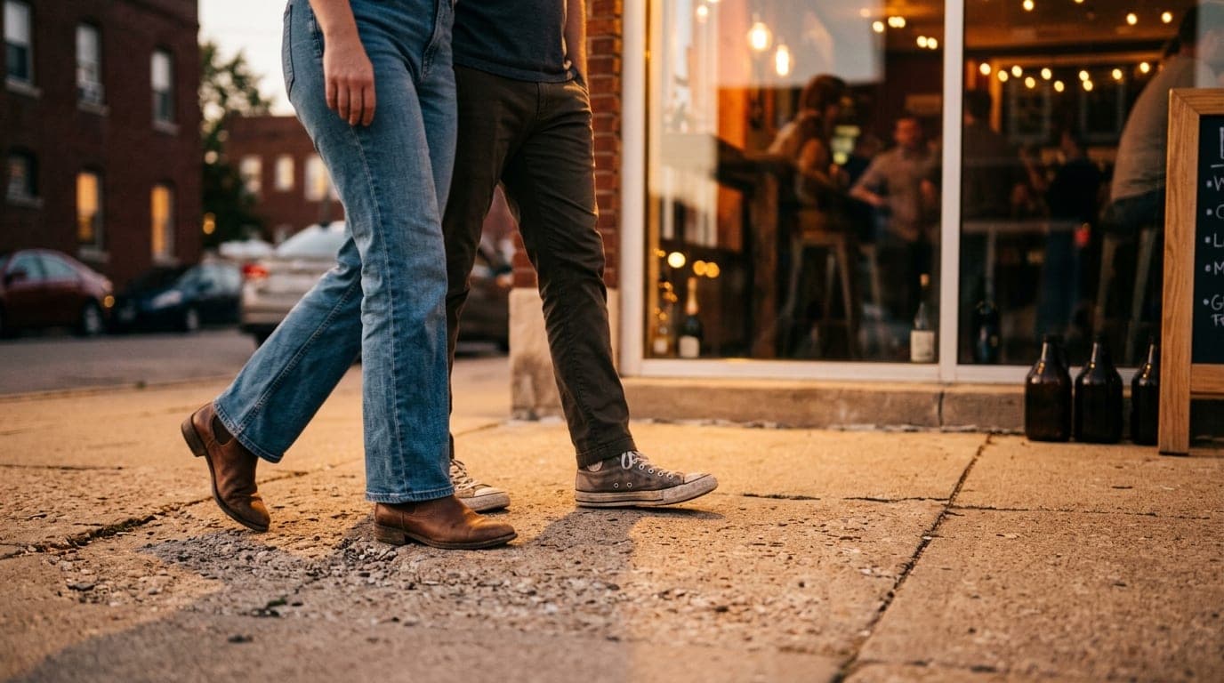 A 35mm documentary shot at golden hour. A couple in casual evening attire walks along the Peoria Heights sidewalk, passing...