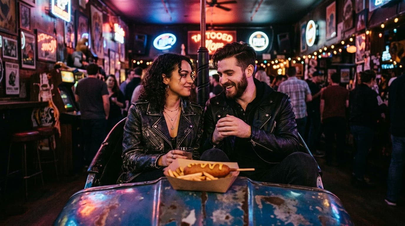 A medium shot capturing a couple sitting inside a retro bumper car at Tattooed Mom. Warm, low-hanging neon lighting reflec...