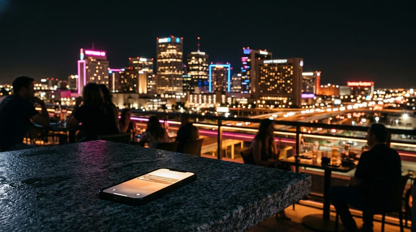A glowing smartphone rests on a dark, cool granite patio table at midnight. In the soft-focus distance, the vibrant neon s...