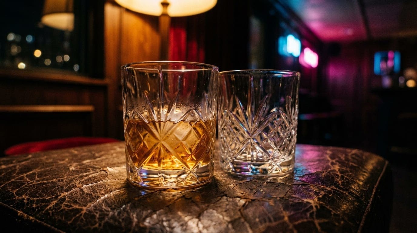 A tight 100mm macro shot captures two crystal whiskey tumblers resting on a cracked leather booth inside a dim speakeasy,...