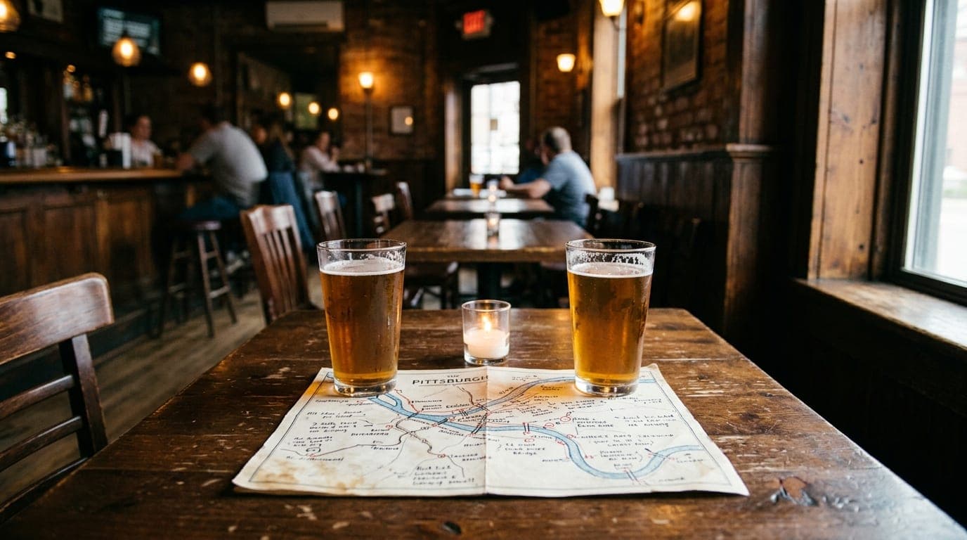 Centered, symmetric close-up of a rustic wooden pub table in a Lawrenceville dive bar, featuring two amber beer pints and...