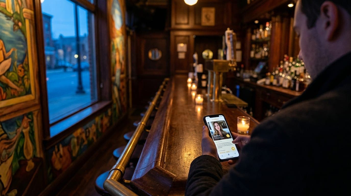 An over-the-shoulder view from a dimly lit Allentown bar stool, tilt-shift focus on a smartphone screen displaying a Bumbl...