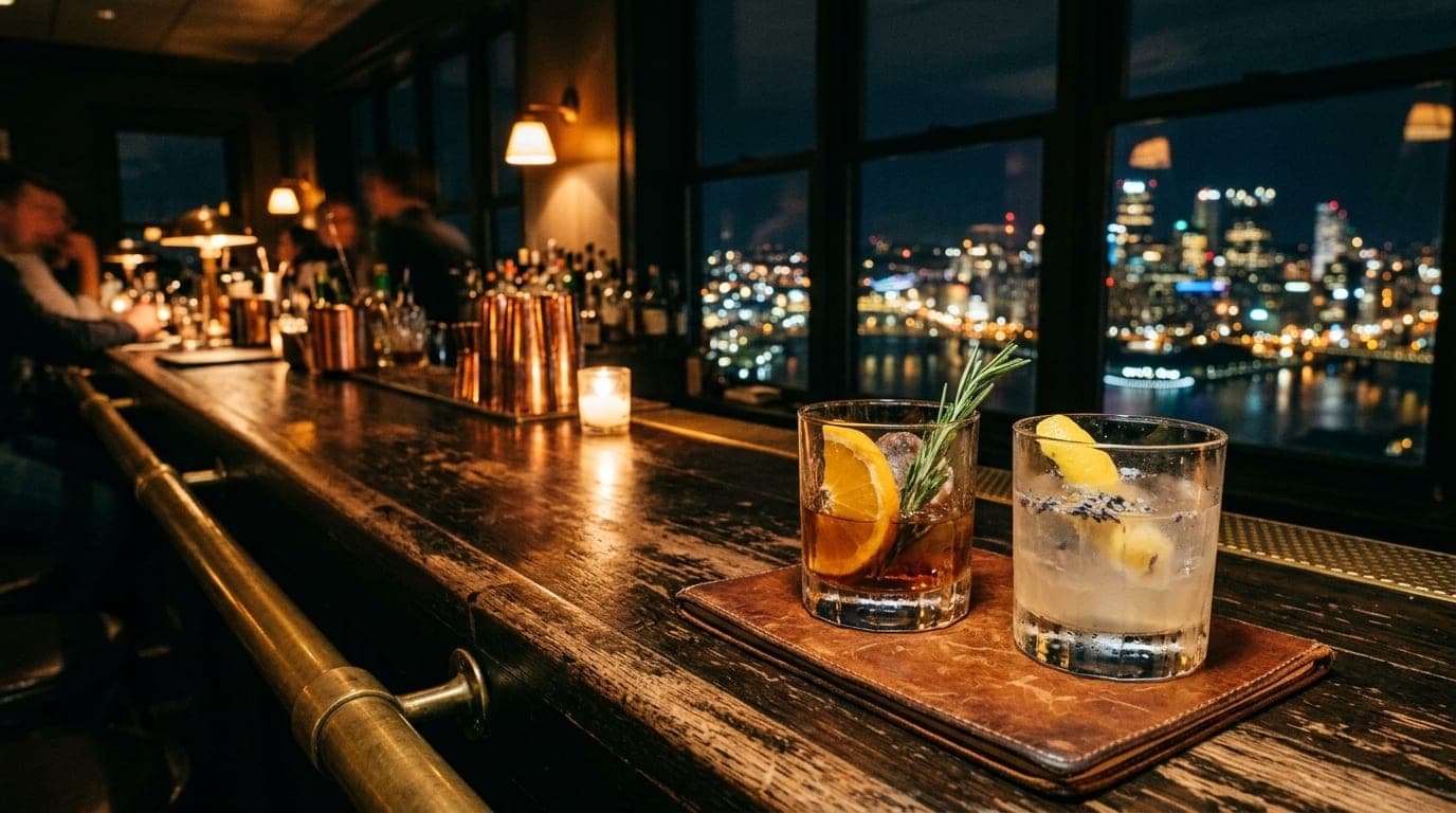 Low-angle 35mm shot at a Mt. Washington bar. A leather-bound coaster holds two half-full botanical cocktails, offset right...