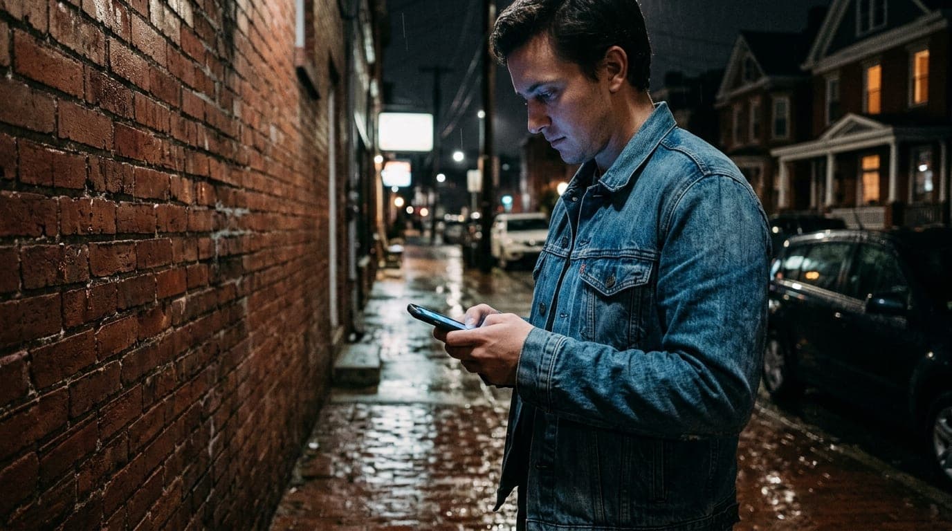 A low-angle shot captures a person wearing a denim jacket, standing on a rain-slicked Lawrenceville sidewalk. Their smartp...
