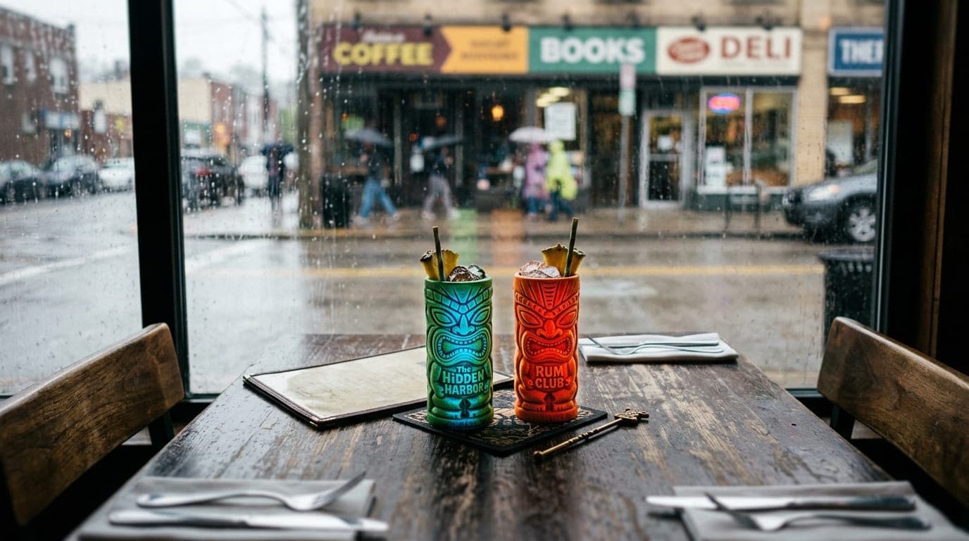 Tilt-shift selective focus captures two neon-lit tiki mugs resting on a dark wood table at Hidden Harbor, with a blurred,...
