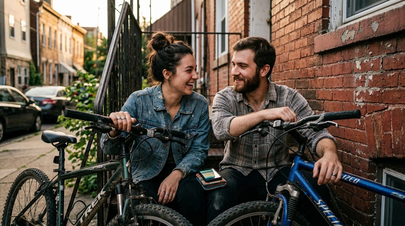 A couple sits on a weathered iron stoop in Lawrenceville at golden hour, holding two mountain bikes. A smartphone rests be...
