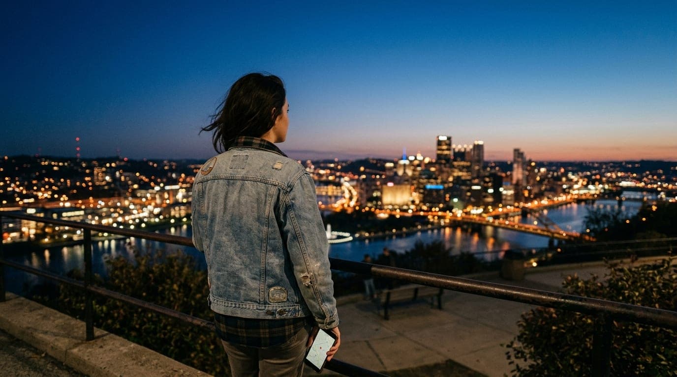 A woman in a vintage denim jacket stands on the overlook of Mt. Washington at blue hour. Below her, the city lights flicke...