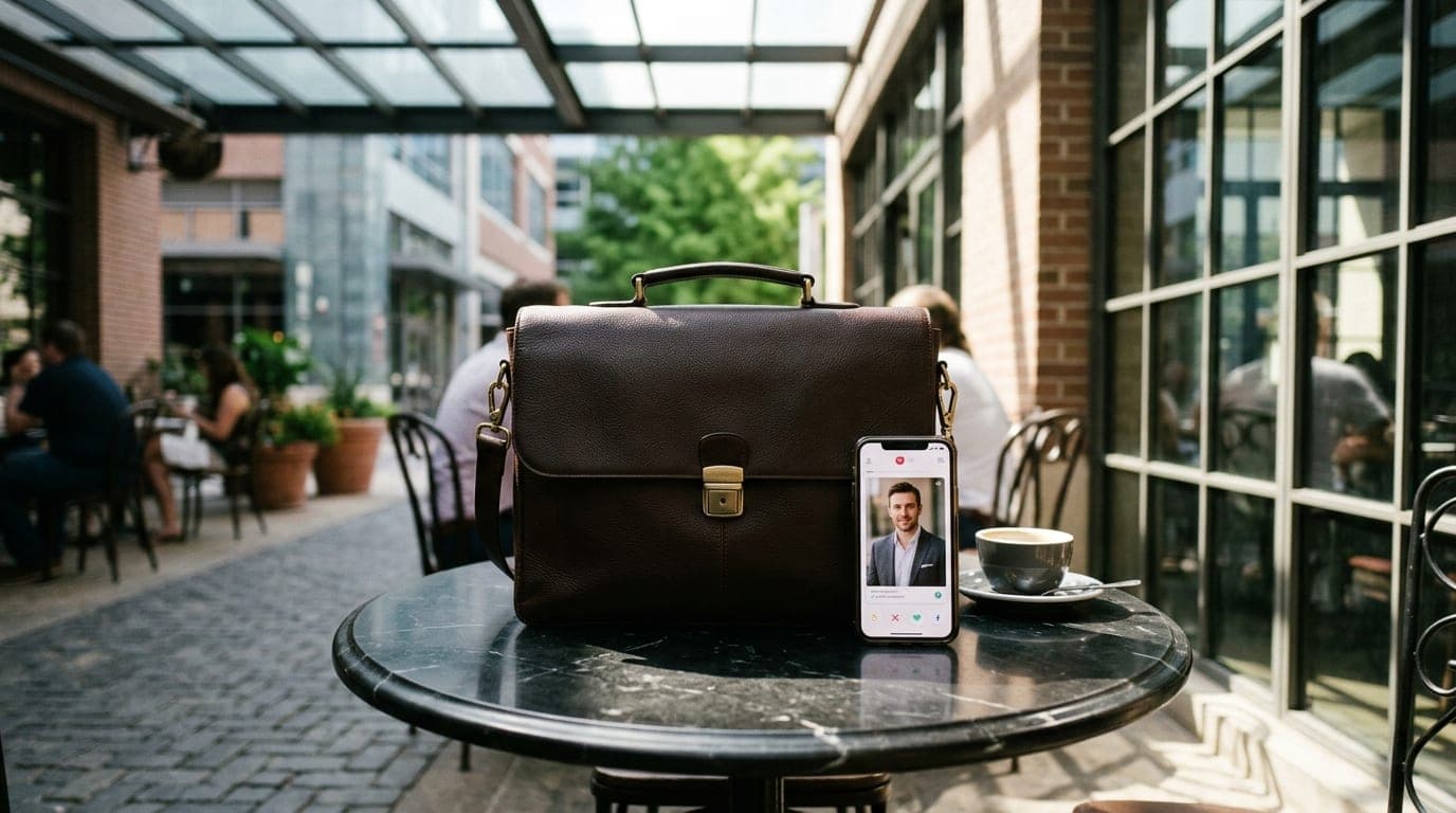 A sleek leather briefcase sits centered on a polished café table at Legacy West. Beside it, a smartphone shows a crisp, pr...