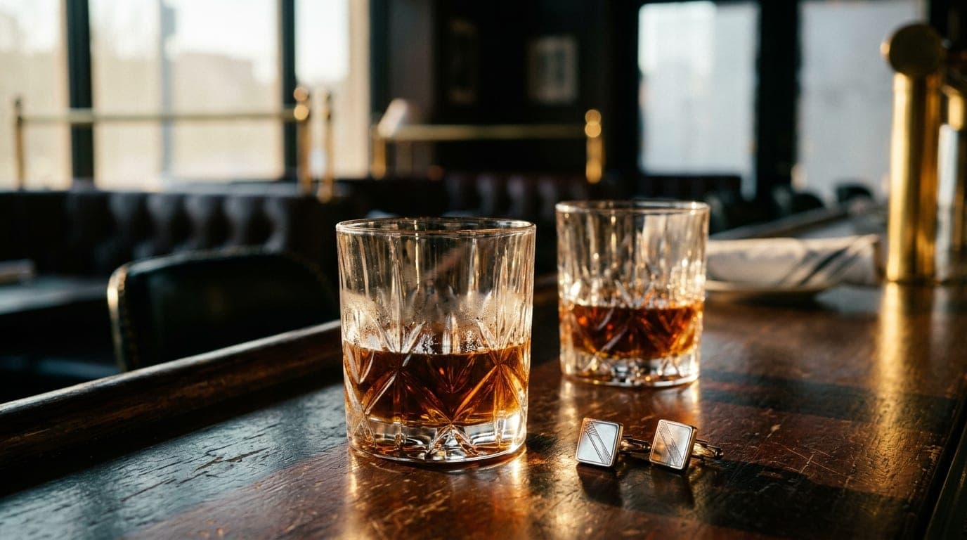 Golden hour light hits two crystal rocks glasses filled with dark amber bourbon on a mahogany bar at Bob’s Steak & Chop Ho...