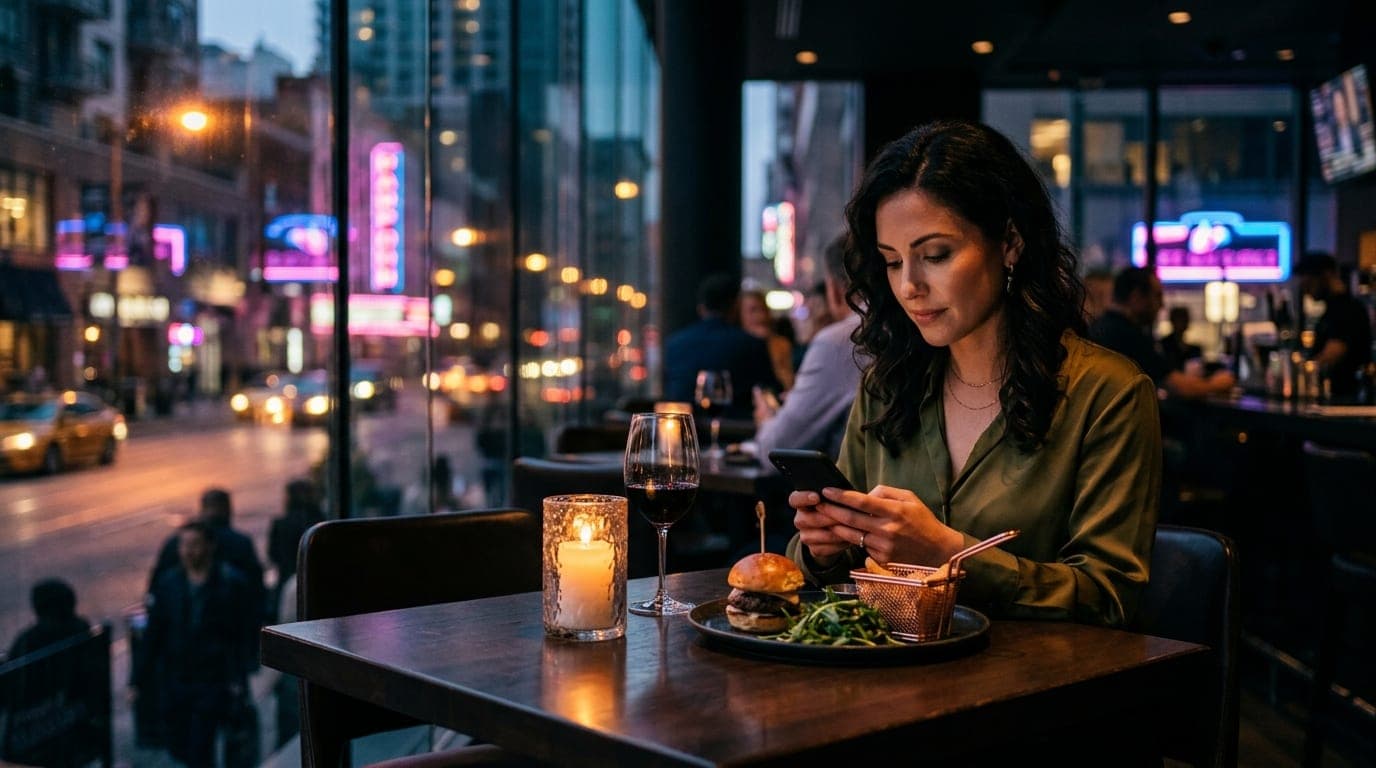 A professional woman in a silk blouse sits at a dimly lit corner table at The Star, checking her phone. A half-eaten Wagyu...