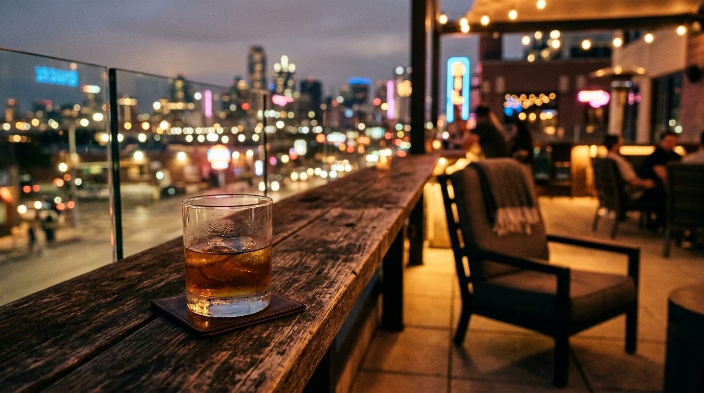 An amber-hued glass of whiskey sits on a wooden ledge at Haywire. In the blurred background, distant city lights shimmer,...