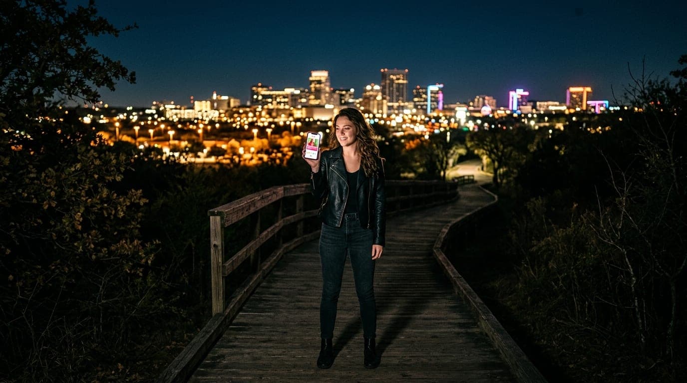 A woman in a leather jacket stands on a wooden boardwalk at Arbor Hills at midnight, holding a smartphone illuminated by t...