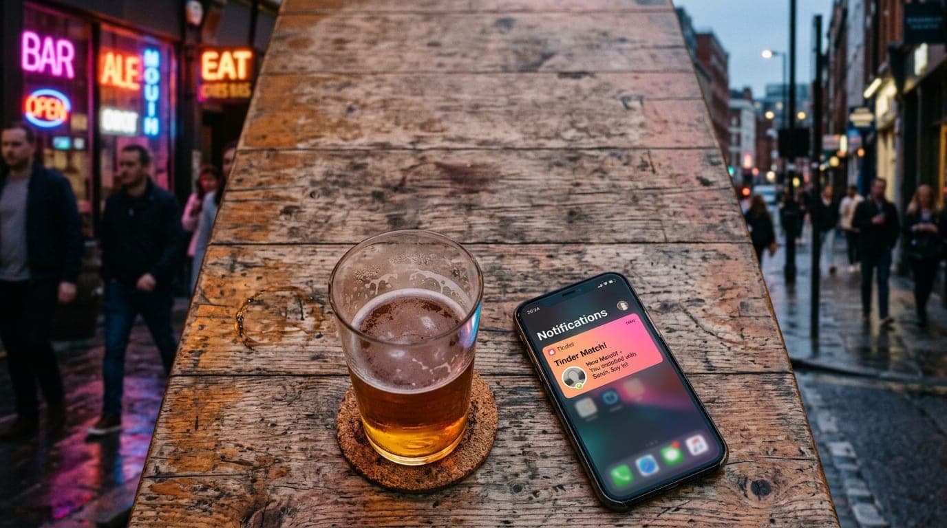 An overhead flat-lay shot on a weathered outdoor table at dusk. A half-finished pint of craft beer and a sleek smartphone...