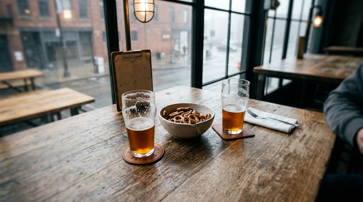 A tilt-shift, overhead flat-lay captures two half-finished craft beers and a bowl of salted pretzels on a rustic Homage Br...