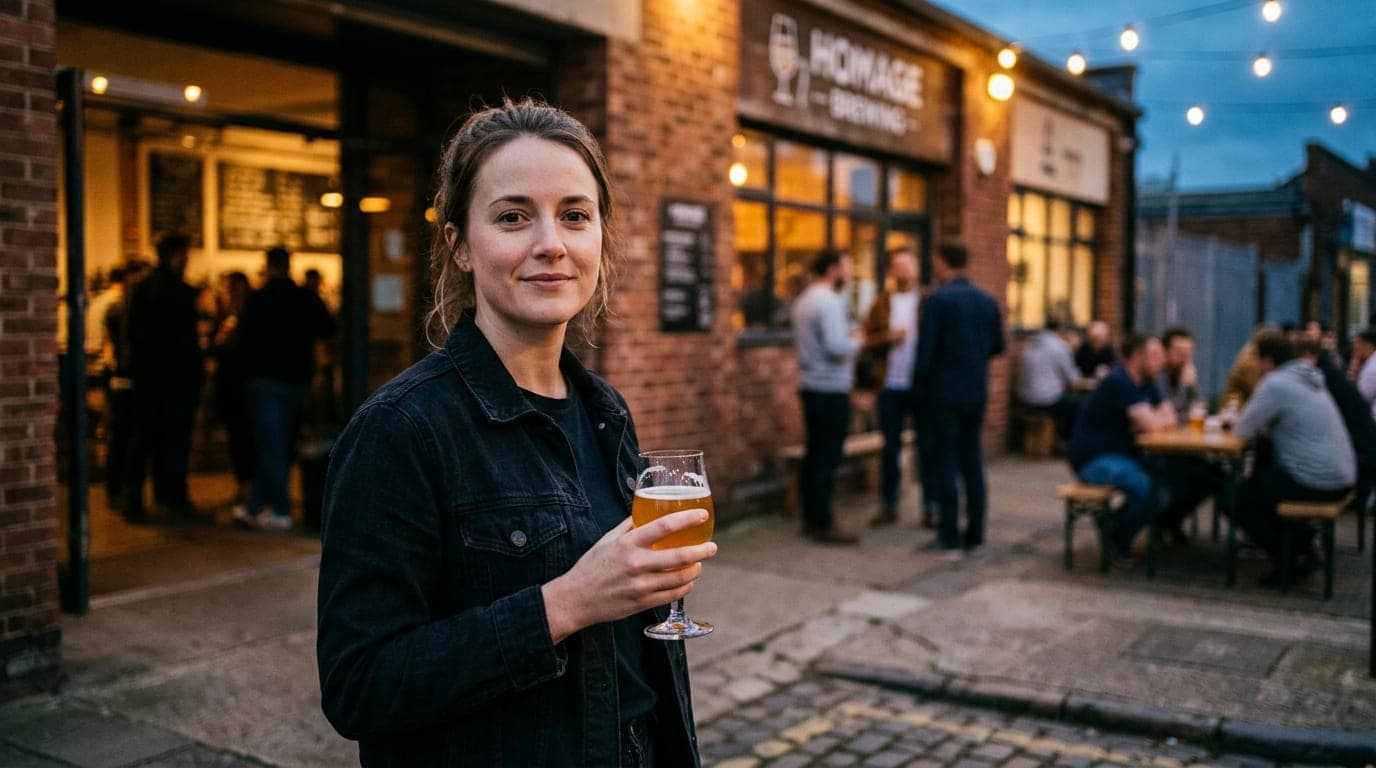 Blue hour, 85mm shot of a woman in a black denim jacket standing outside Homage Brewing. She holds a craft beer glass, eye...