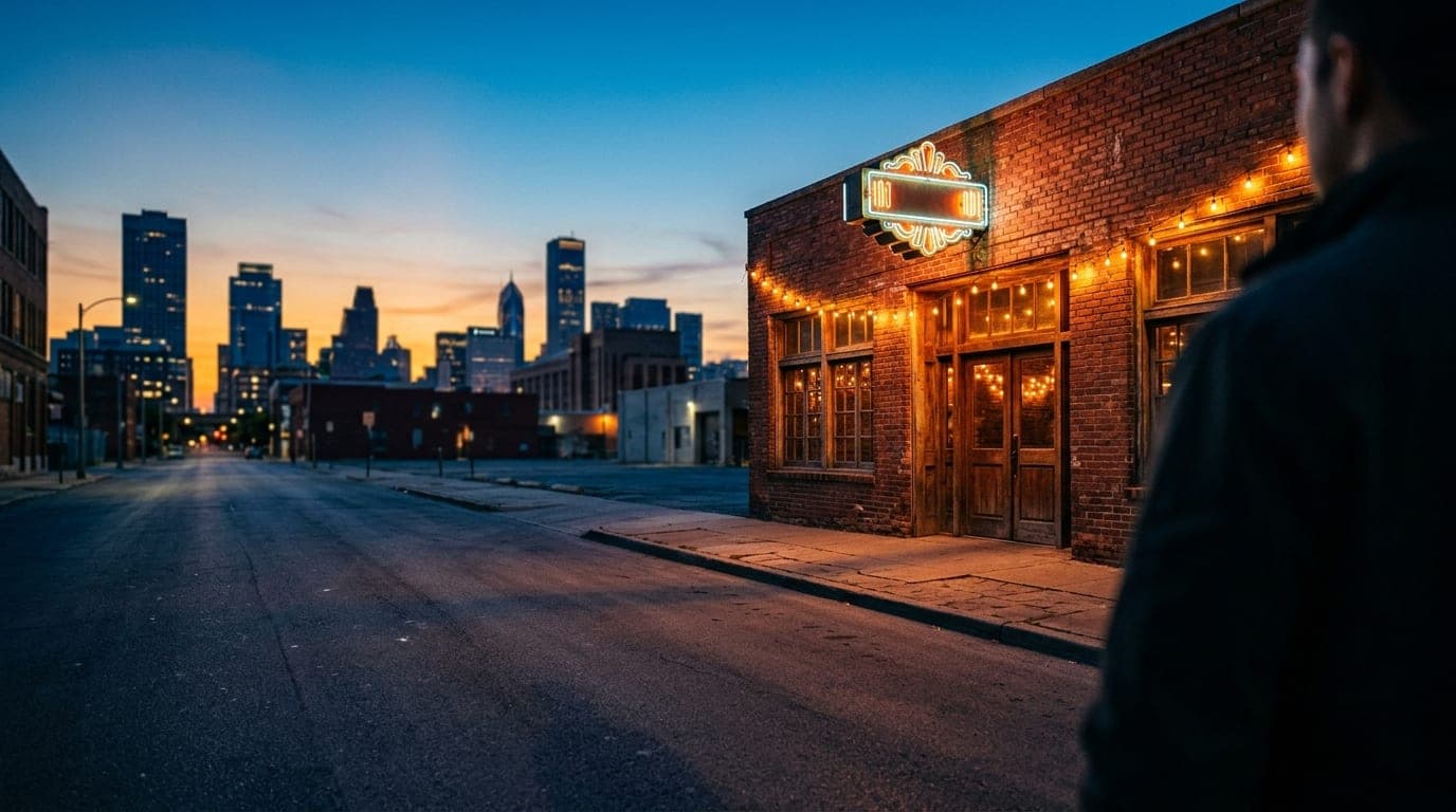 A weathered, red-brick storefront in the Downtown corridor glows under warm string lights at blue hour. A vintage neon sig...