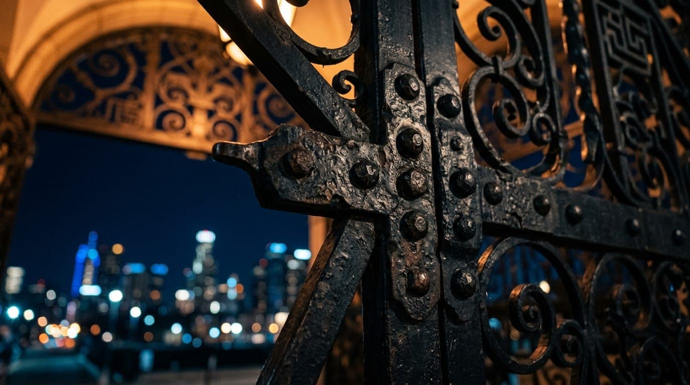 A low-angle, 100mm macro shot of The Rookery’s ornate, illuminated ironwork entrance at midnight. Sharp focus on textured...