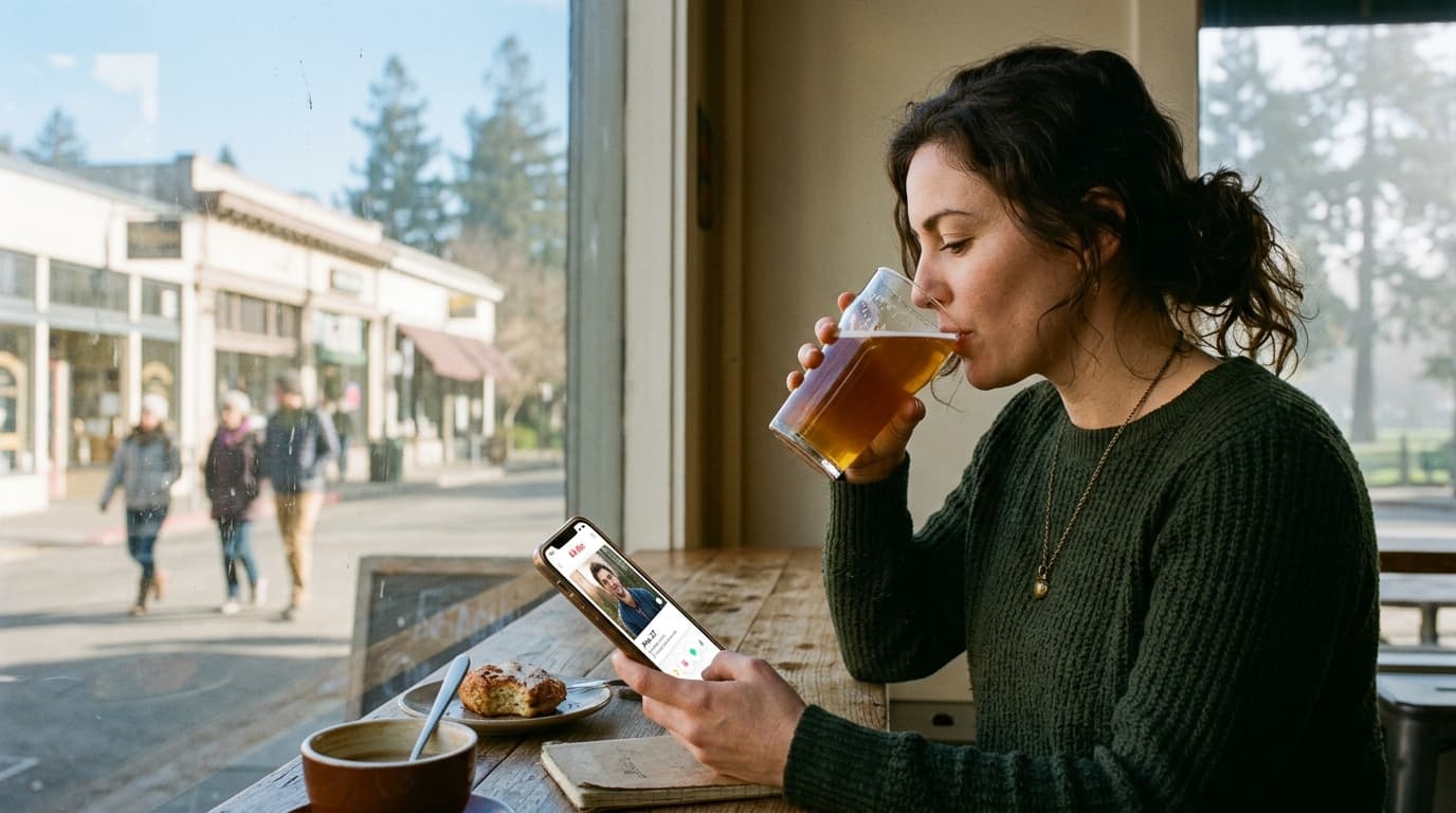 A woman sits at a cafe table near the Claremont border, holding a half-empty pint of local craft beer. Her smartphone scre...