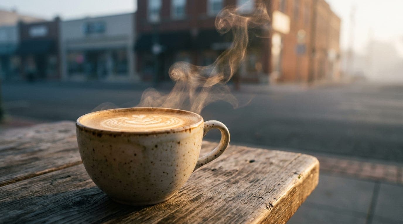An 85mm extreme close-up of a steaming ceramic latte cup resting on a rustic wooden table at Iron & Kin, golden hour light...