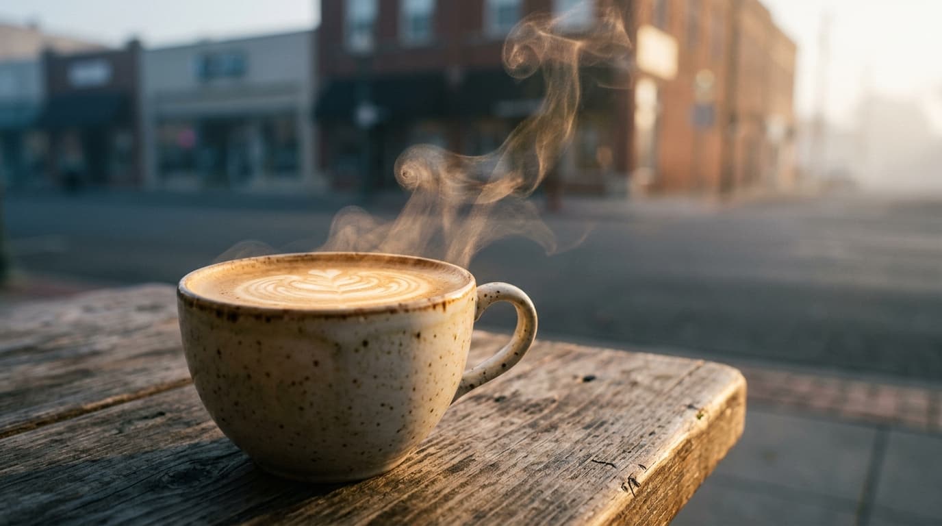 An 85mm extreme close-up of a steaming ceramic latte cup resting on a rustic wooden table at Iron & Kin, golden hour light...