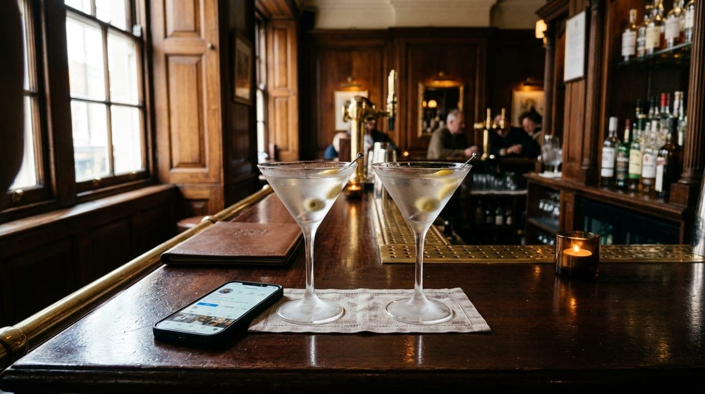 A 24mm wide-angle shot of a polished bar counter in Tradition, featuring a verified profile badge displayed on a smartphon...