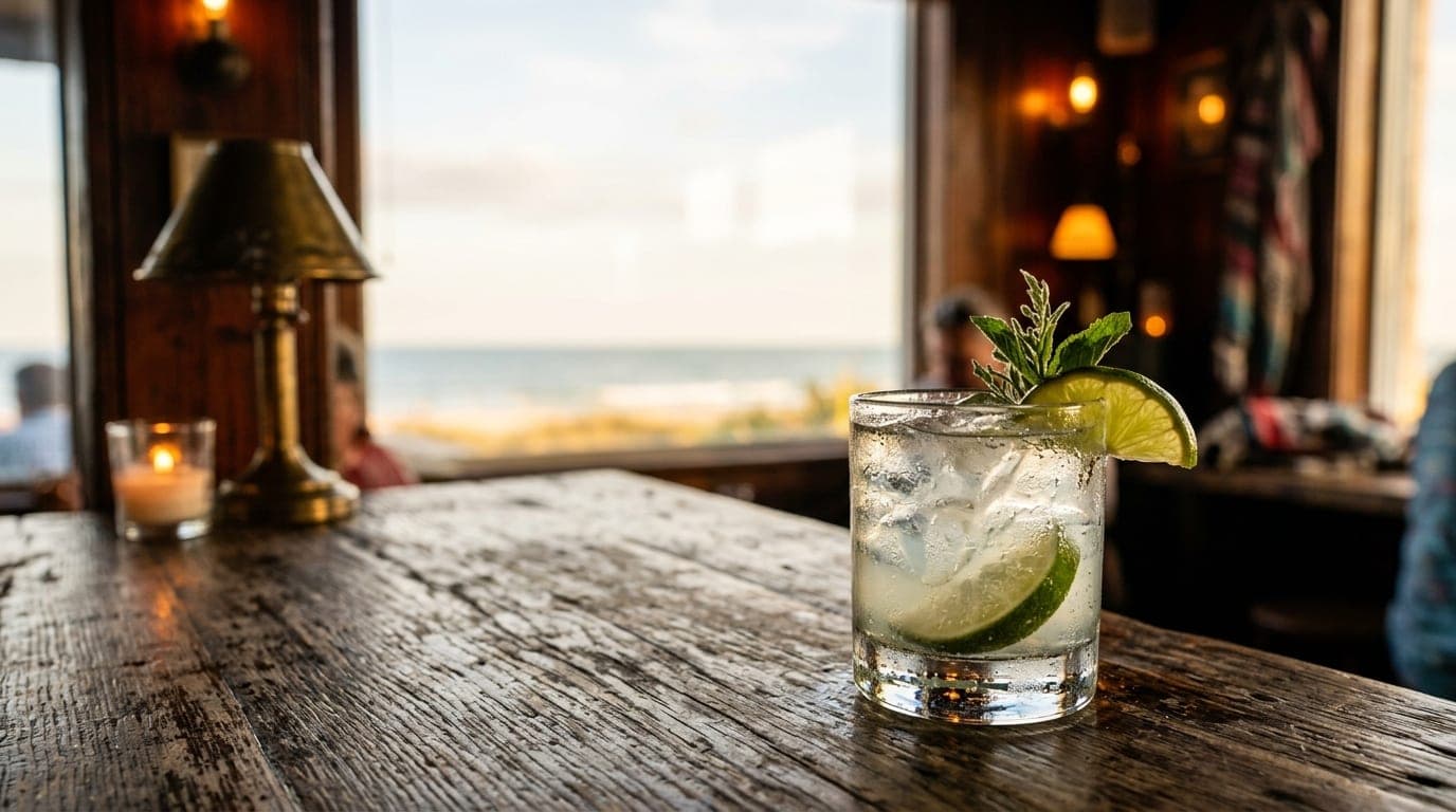 Macro 50mm shot of a coastal-inspired cocktail with a lime wedge, resting on a weathered wooden table in Jensen Beach, gol...