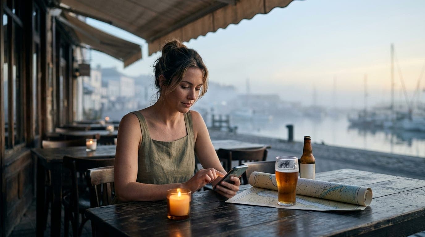 A woman in a linen sundress sits at a candle-lit wooden table, swiping on her phone. A nautical chart and a chilled craft...