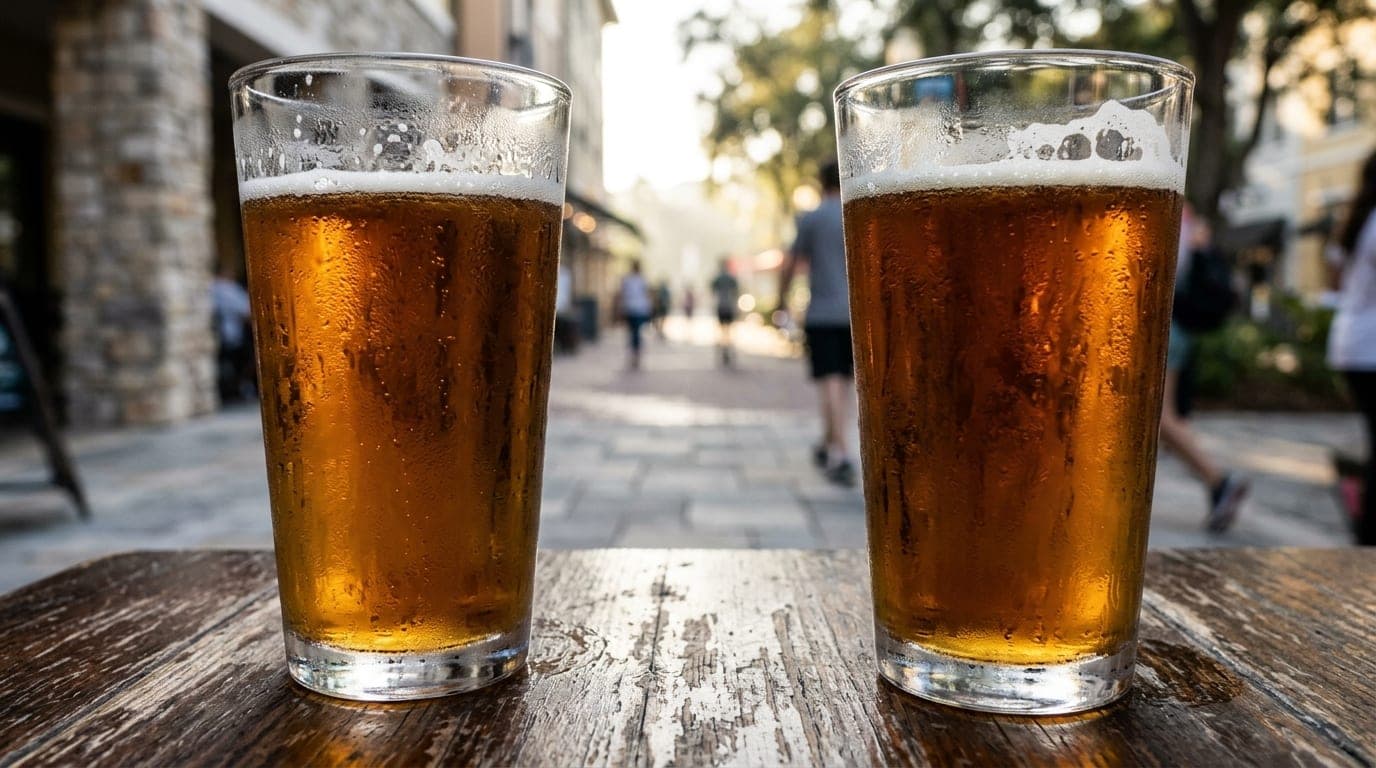 Close-up, 100mm macro shot in noon natural light. Two chilled, condensation-slicked pint glasses of craft beer sit on a we...
