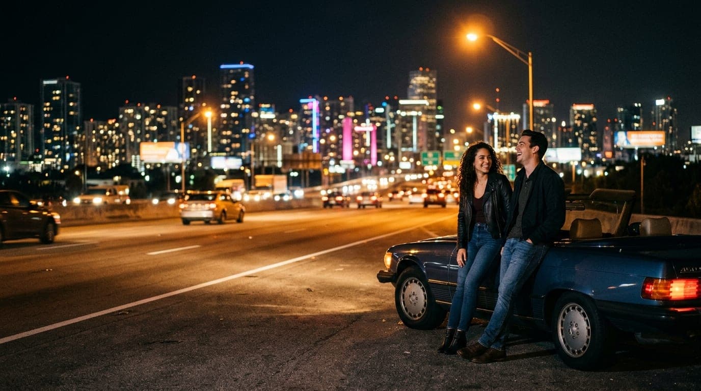 A wide, 35mm documentary shot of a couple leaning against a convertible on the Florida Turnpike at night, city lights blur...