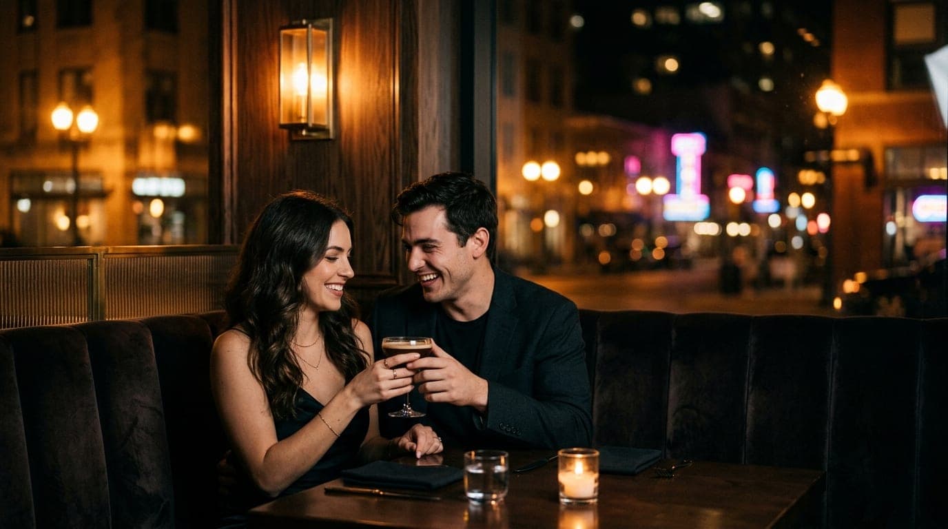 A couple sits in a dimly lit, velvet-upholstered booth at a high-end steakhouse. An 85mm medium shot captures them offset...