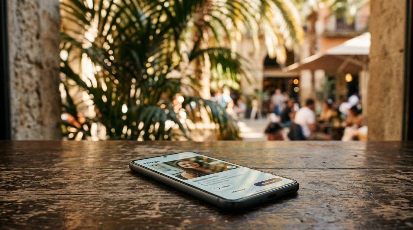 A close-up 50mm shot at noon shows a sleek smartphone resting on a weathered wooden cafe table in Tradition Square, displa...