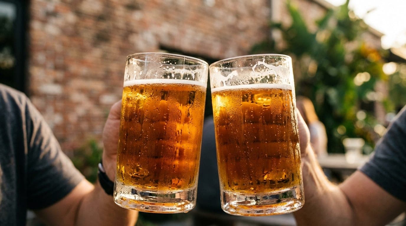100mm macro shot, golden hour. Two crystal beer glasses clink together, filled with amber ale, set against the weathered,...