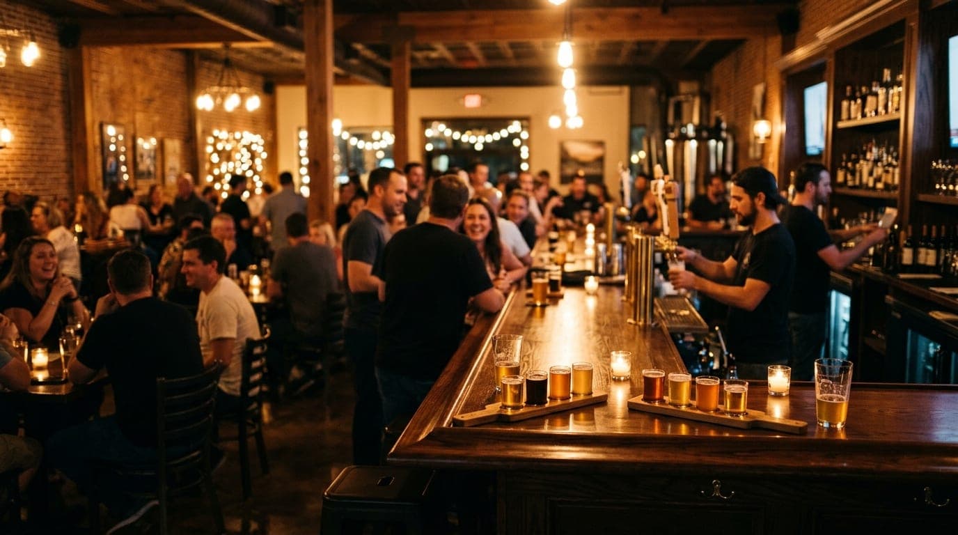 A wide 35mm shot inside a bustling Port St. Lucie brewery at night. Two craft beer flights sit on a polished wood bar, cap...