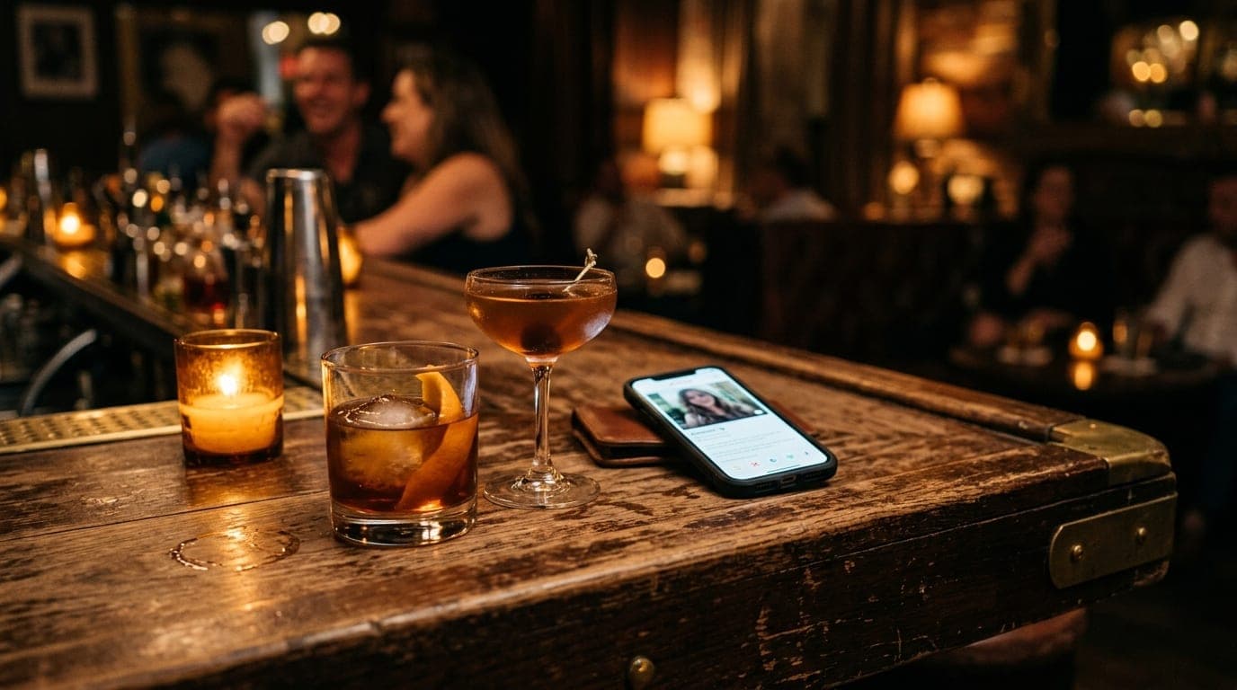 A medium shot captures two half-full cocktail glasses on a rustic wooden bar at a dim, candle-lit Port St. Lucie lounge. A...